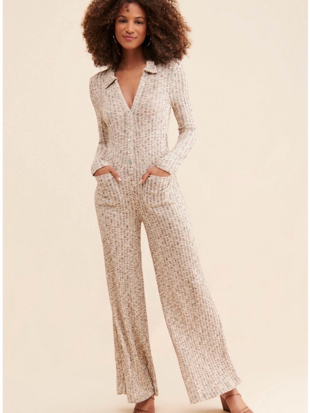 Free People Beige Ribbed Button-Front Wide-Leg Jumpsuit